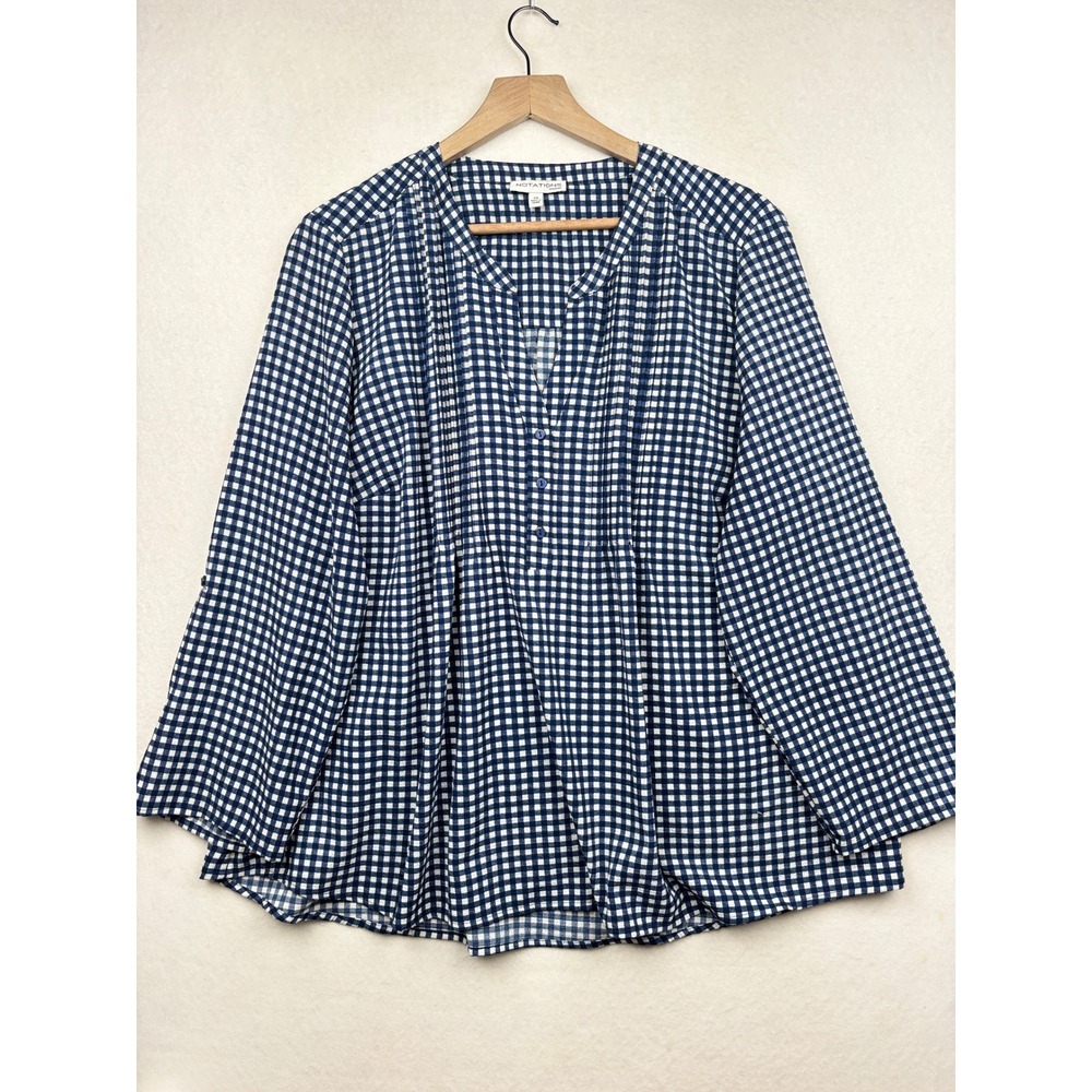 Notations Gingham Blouse Womens 2X Pintuck Roll Tab Sleeve